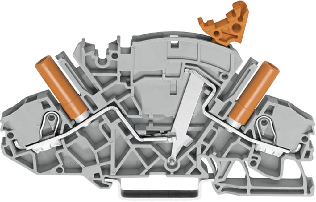 Coupe transversale d'un connecteur électrique gris avec deux leviers orange et un curseur de verrouillage orange.