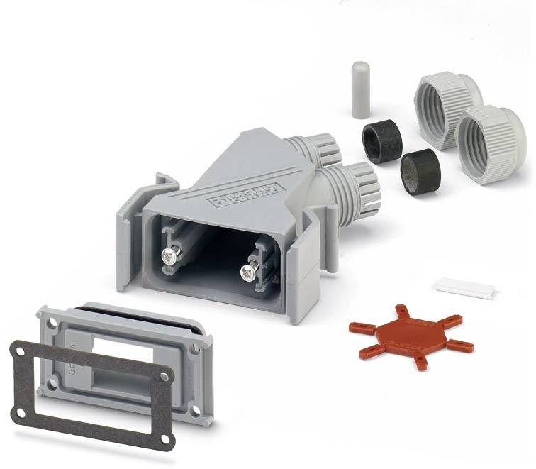 Ensemble de connecteurs industriels pour câbles, comprenant un boîtier gris, des connexions à vis, des joints et autres accessoires, adapté aux connexions électriques.