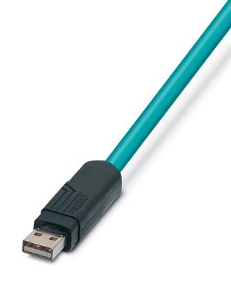 Un câble USB bleu avec un connecteur noir à son extrémité gauche sur un fond blanc.