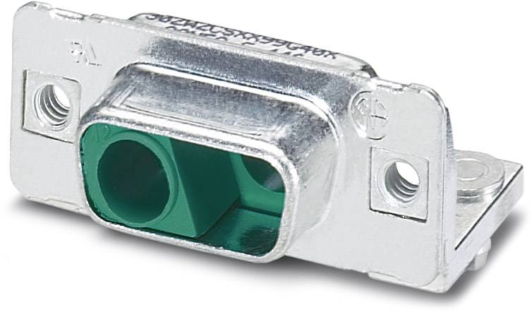 Adaptateur métallique compact avec insert en plastique vert, adapté aux connexions électroniques, doté de deux trous de fixation par vis.