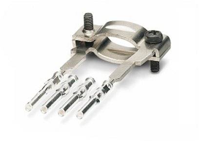 Élément de connexion métallique à trois broches et deux vis, utilisé pour des connexions électroniques ou mécaniques.