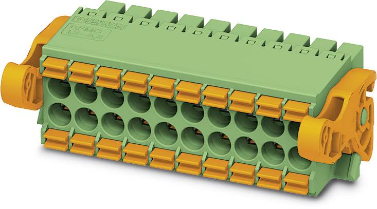 Connecteur électrique orange et vert à plusieurs broches avec des leviers de déverrouillage sur les côtés.