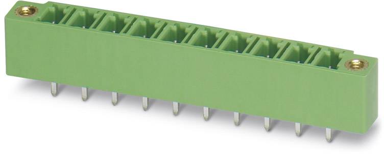 Connecteur vert à broches métalliques multiples, utilisé pour les connexions électriques sur les circuits imprimés.