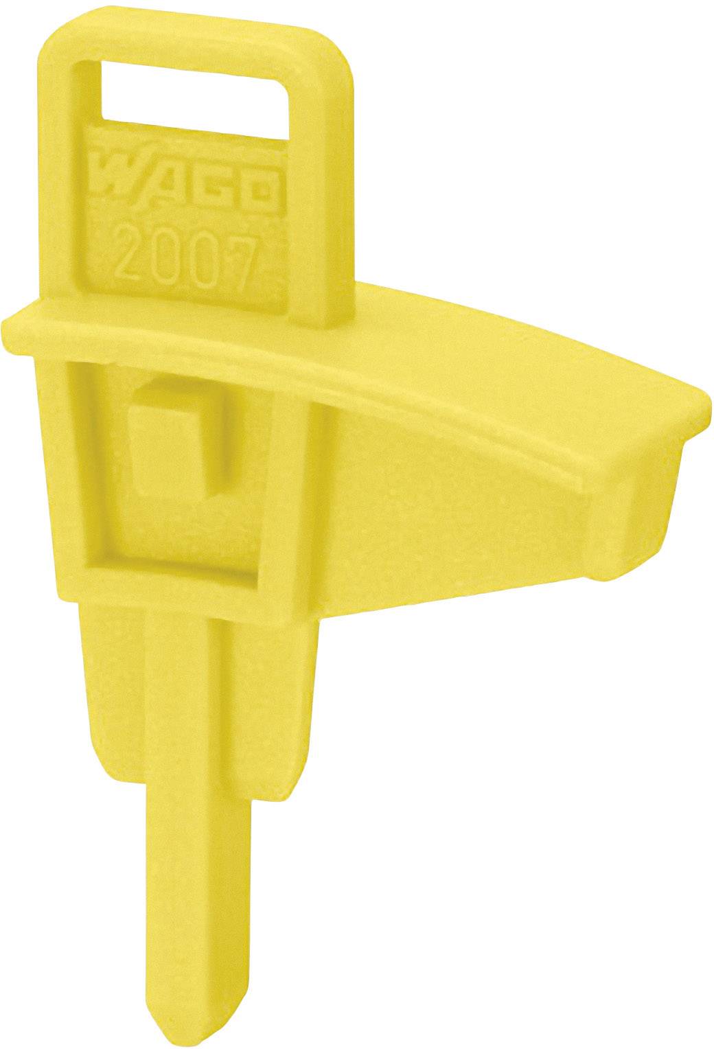 Un bouchon isolant jaune en plastique portant l'inscription '2007 WAGO' pour la sécurité dans les installations électriques.