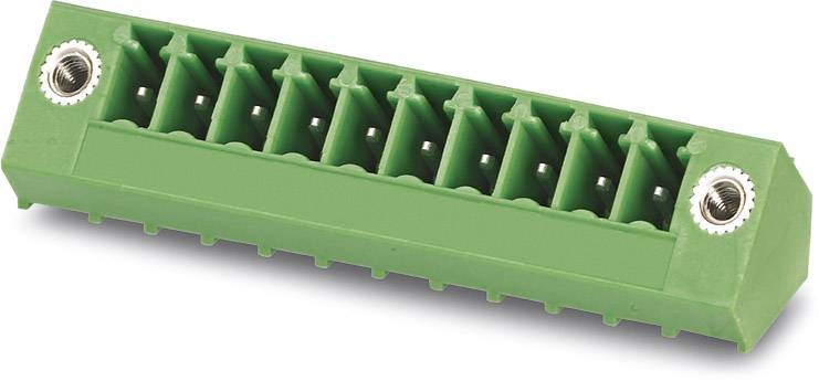 Un bloc de connecteurs vert, rectangulaire, avec plusieurs emplacements et des filetages métalliques sur les côtés, utilisé pour les connexions électriques.