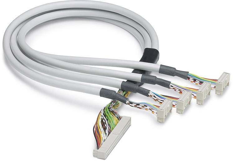Câble gris avec cinq fiches d'extrémité codées par couleur. Utilisé pour connecter des appareils électroniques pour la transmission de données ou l'alimentation électrique.