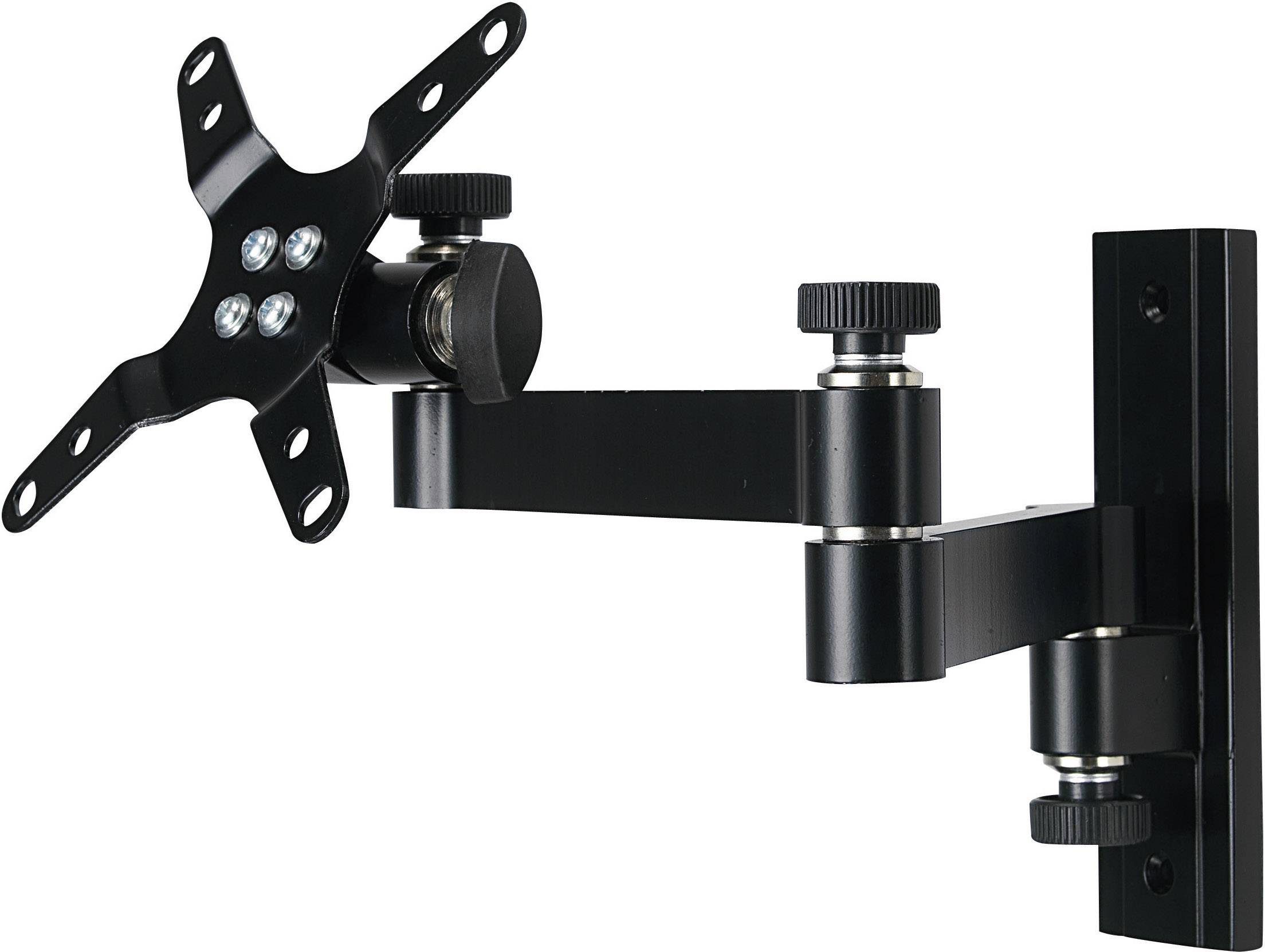 Support de moniteur noir pivotant monté au mur, avec bras réglable et modèle de trous VESA pour la fixation du moniteur.
