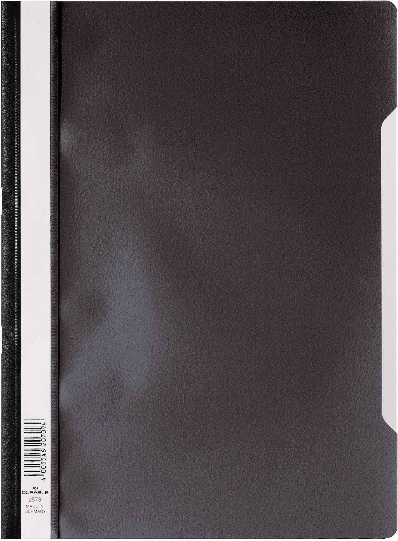 Un classeur noir avec un dos blanc et un code-barres. Il a une surface structurée.