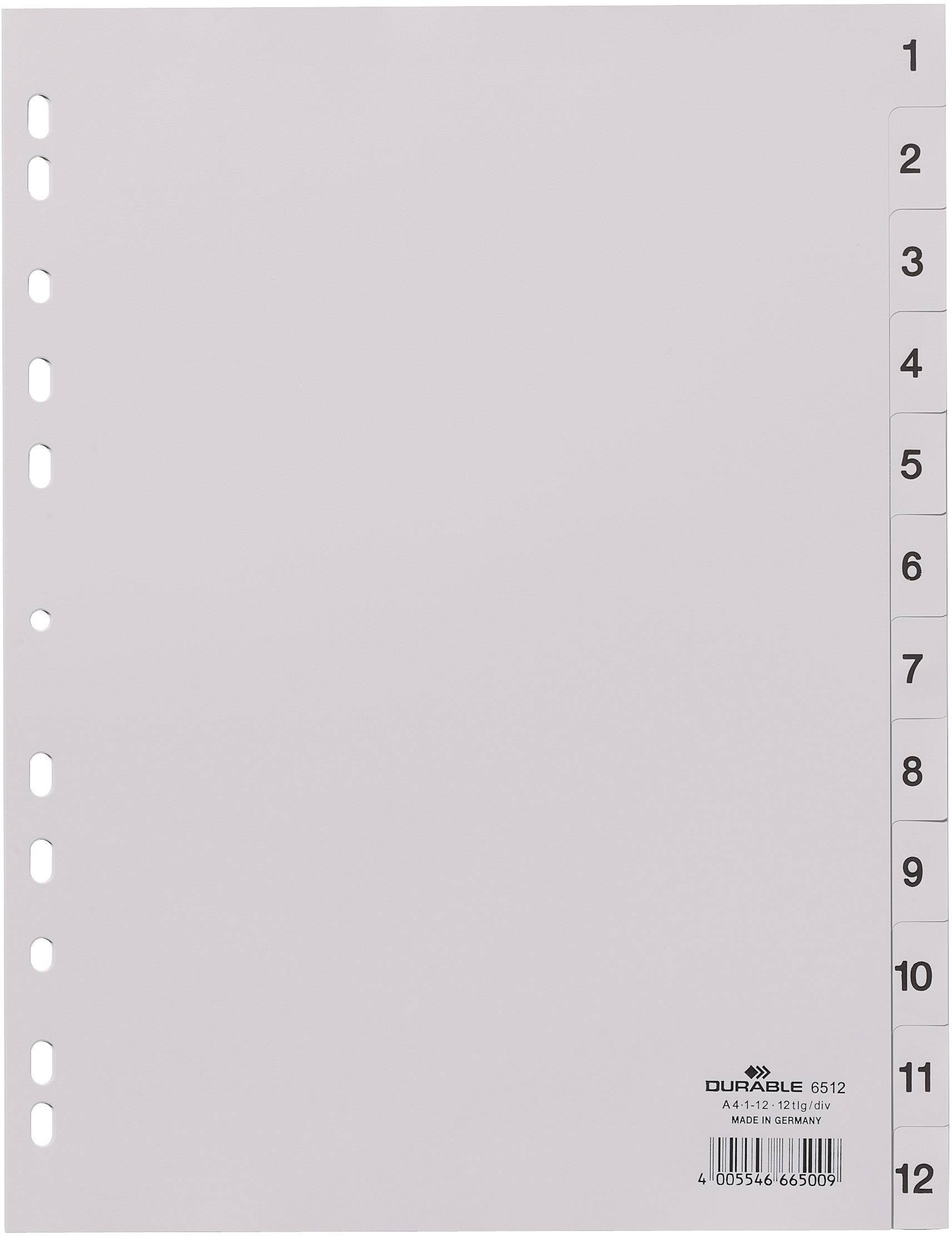 Intercalaire pour classeur A4 en plastique avec numérotation de 1 à 12 sur le bord droit et bord perforé à gauche pour le classement.