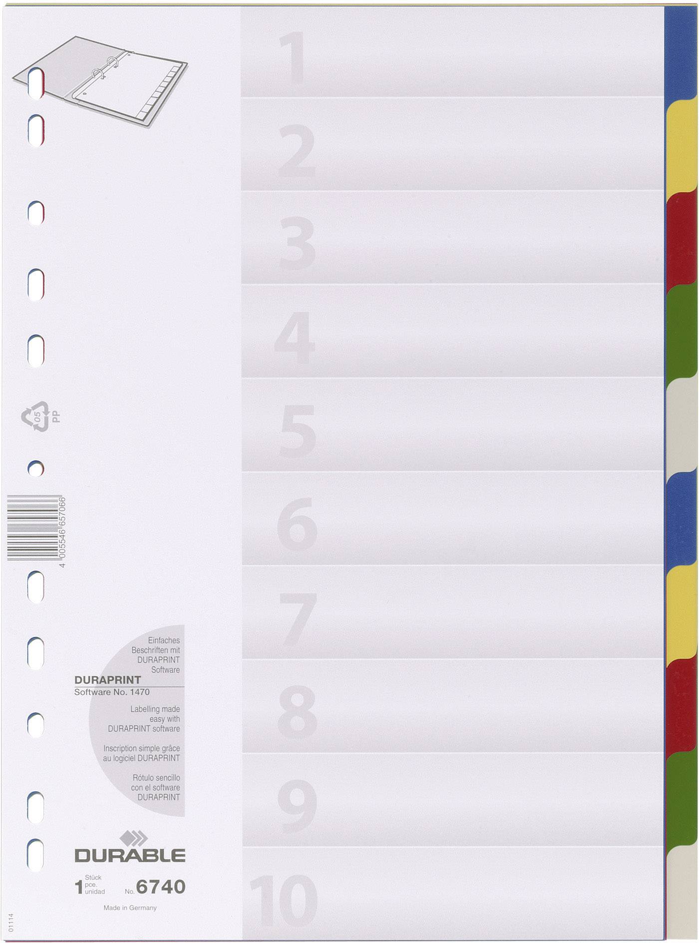 Intercalaires numérotés de 1 à 10. Chaque numéro possède un onglet coloré. La face gauche comporte des perforations pour classeur.