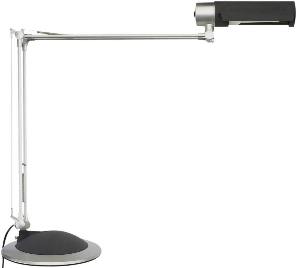Une lampe de bureau moderne en noir et argent avec un bras réglable, reposant sur une base plate et ronde.
