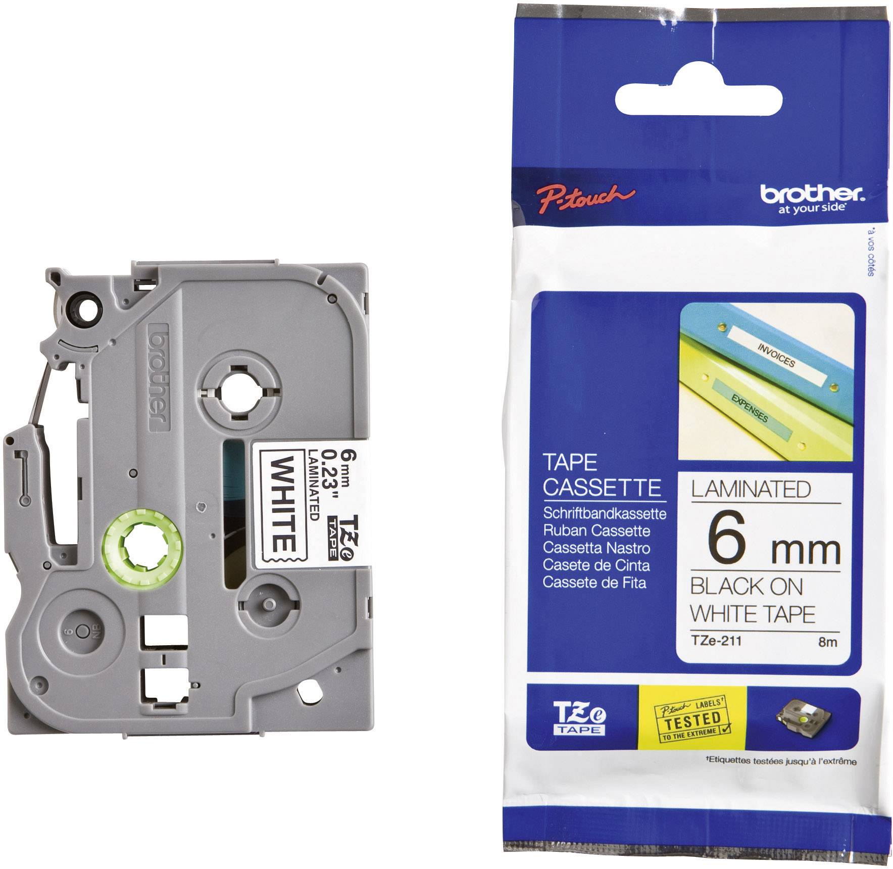 Cassette de ruban Brother PT, laminée, largeur de 6 mm, noir sur blanc, 8 mètres. Emballage et cassette illustrés.