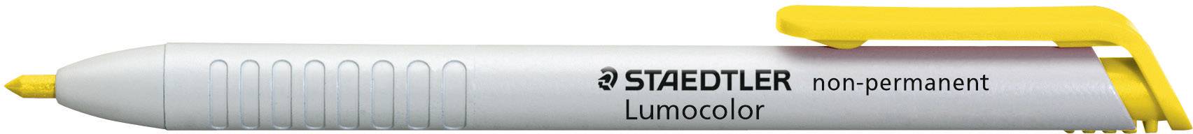 Stylo à encre non permanente de marque Staedtler, en plastique blanc avec capuchon jaune, modèle 'Lumocolor'.