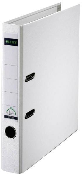 Un classeur blanc Leitz au format DIN A4, vertical, avec deux anneaux métalliques, adapté pour l'organisation de documents.