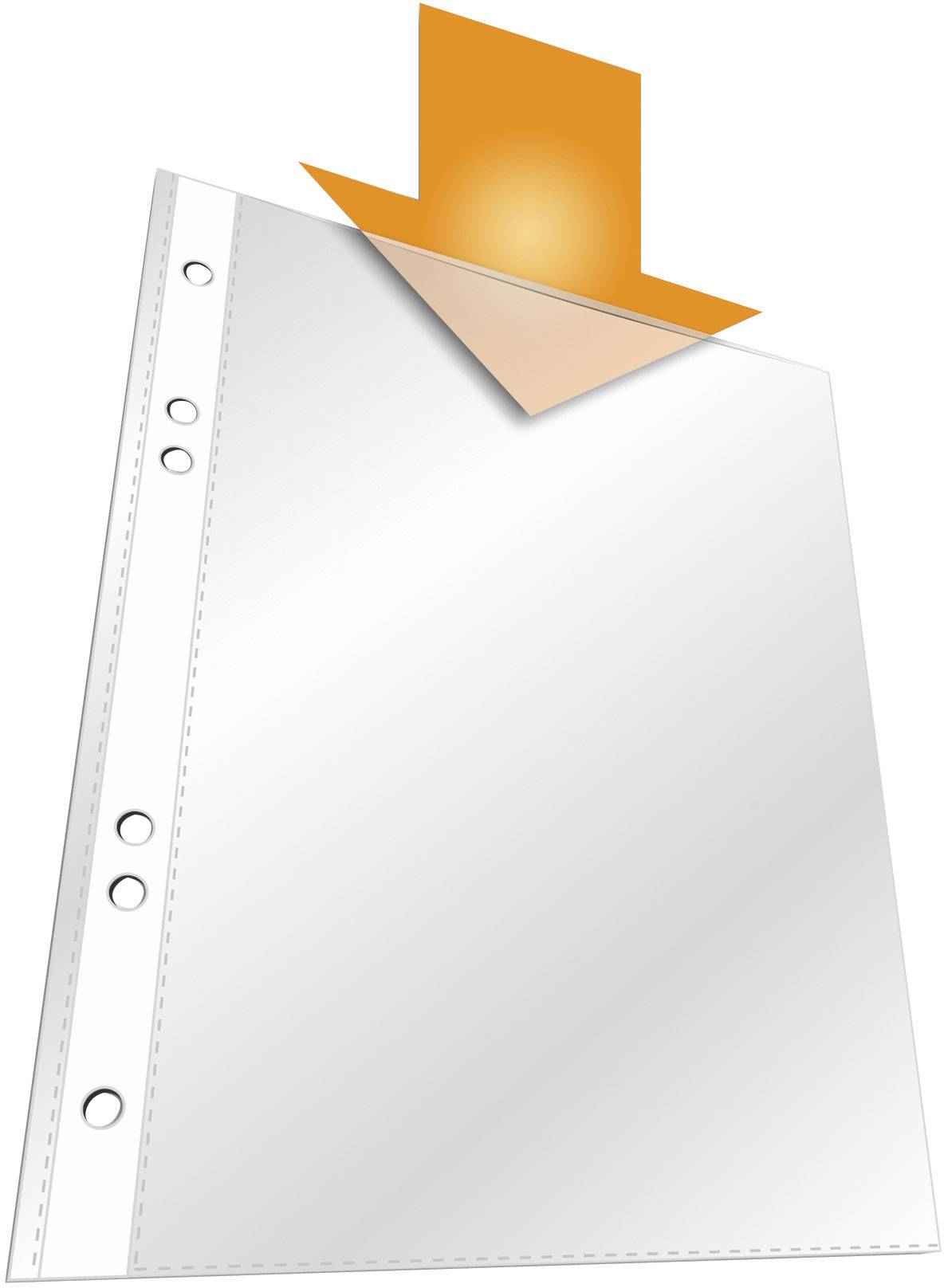 Une flèche orange pointe vers le bas sur une pochette de document transparente et vide, avec des perforations sur le côté gauche.