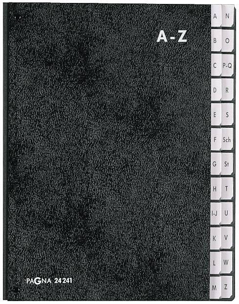Carnet d'adresses noir avec index de A à Z sur le côté droit ; nom de l'entreprise 'PAGNA 24241' en bas à gauche sur la couverture.