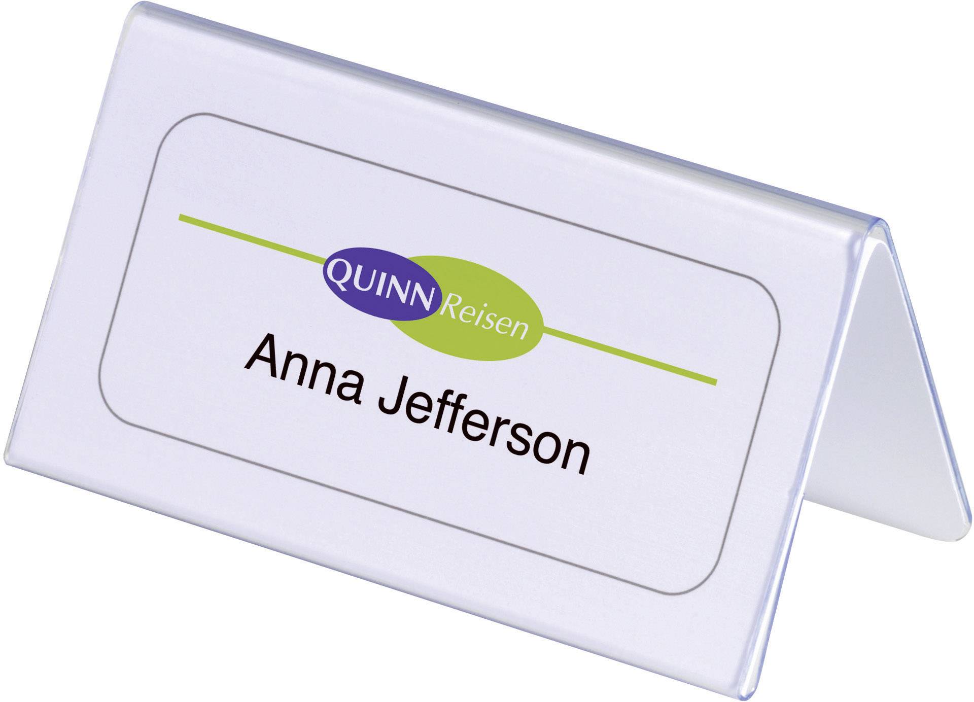 Badge nominatif portant l'inscription 'Anna Jefferson', avec le logo de 'QUINN Voyages' en dessous, sur un fond blanc.