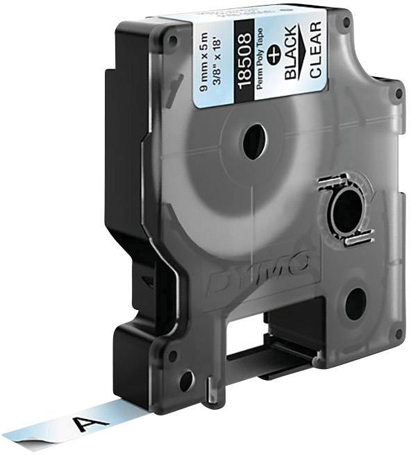 Cassette d'étiquettes noire de 9 mm de large pour imprimante Dymo, montrant une partie découpée de l'étiquette avec la lettre 'A'.