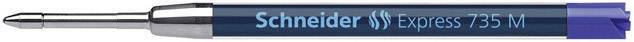 Un stylo à bille bleu portant l'inscription 'Schneider Express 735 M' sur le corps.