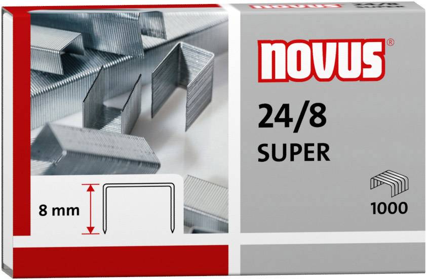 Pack de 1000 agrafes Novus 24/8 Super, montrant les agrafes et leurs dimensions de 8 mm.