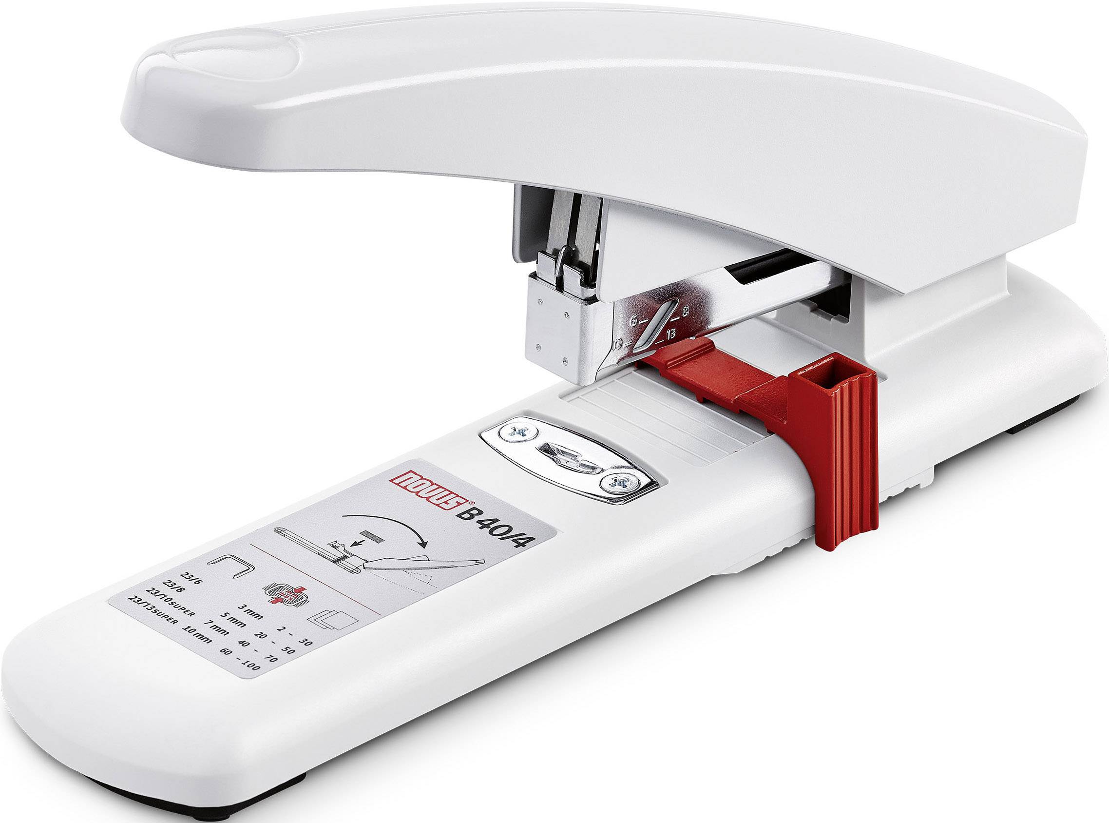 Un grand trombone de bureau blanc avec une poignée grise et un levier rouge. Une description du produit et l'inscription 'heavy duty 8404' sont visibles.