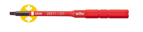 Embout de tournevis 'slim' de Wiha, rouge, avec pointe de lame isolée pour une meilleure accessibilité dans les espaces étroits.