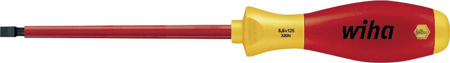 Tournevis avec manche rouge et jaune portant l'inscription 'wiha' et tige isolée pour travaux électriques.
