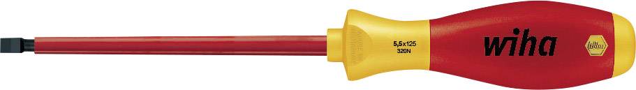 Un tournevis rouge et jaune de Wiha avec manche isolé et pointe plate, marqué '0,5x3,5 1000V'.