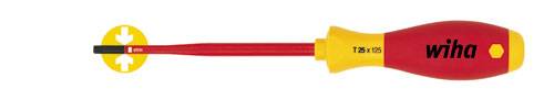 Tournevis à manche rouge et pointe jaune, portant la marque 'wiha'. Adapté pour les vis à fente, isolé pour plus de sécurité.
