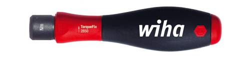 Un tournevis avec l'inscription 'wiha', manche noir avec extrémités rouges, tête pivotante pour réglage en Nm ; modèle TorqueFix 2809.
