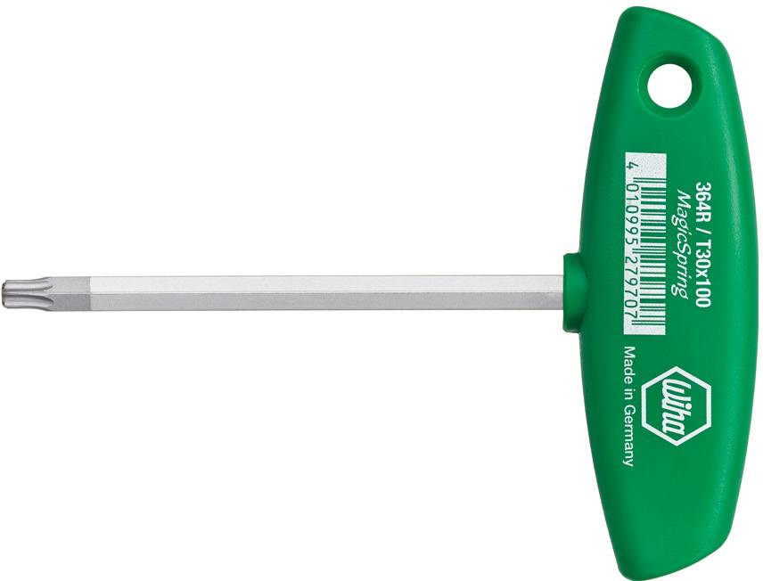 Tournevis Torx avec poignée en T, vert, taille : T30, longueur : 100 mm, numéro de produit : 384R, marque : Wiha, fabriqué en Allemagne.