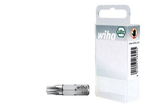 'Embout Wiha T30' sur fond blanc, à côté d'un emballage en plastique transparent vide avec le logo Wiha.