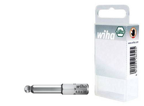 'Wiha' Bit Hexagonal, taille 4,0 x 38 mm. À gauche de l'image se trouve un embout, à droite un emballage transparent avec le logo et le site web 'www.wiha.com'.