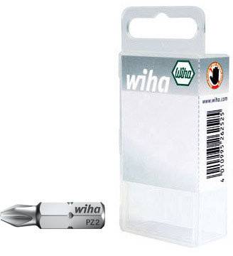 Un embout de tournevis Wiha PZ2 à côté de son emballage en plastique transparent avec poignée de transport et logo Wiha.