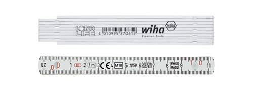 Mètre pliant en bois portant l'inscription 'Wiha'. Sur la face avant, des graduations en centimètres et millimètres sont indiquées jusqu'à 200 cm.