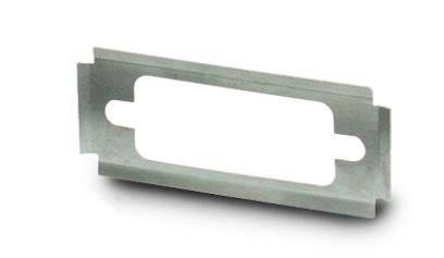 Support métallique pour montage sur rail DIN, cadre rectangulaire aux angles arrondis avec deux trous de fixation.