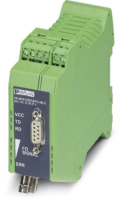 Un appareil électrique vert doté de plusieurs connexions et étiquettes, utilisé pour la transmission de signaux dans des applications techniques.