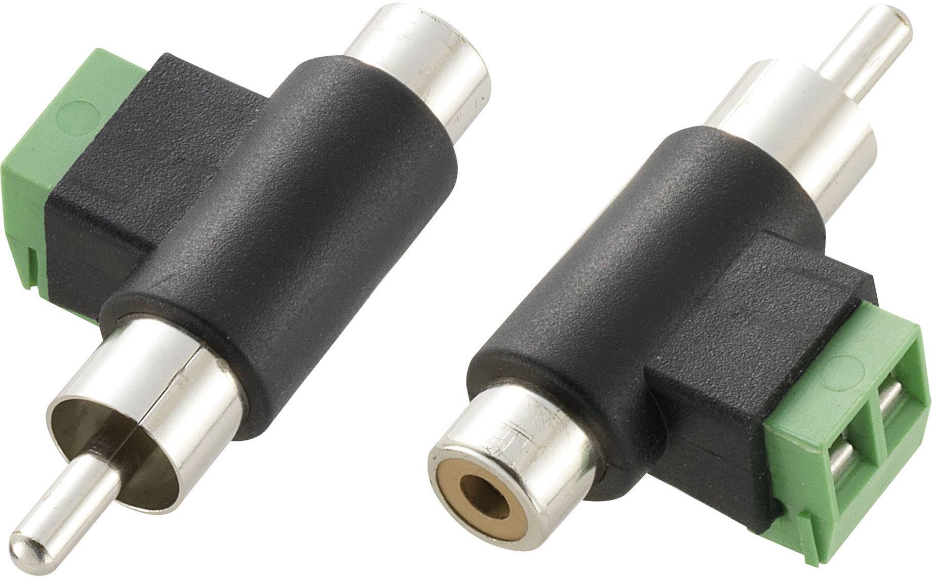 Deux adaptateurs RCA coaxiaux avec boîtier en plastique noir et bornes vertes à vis, présentés dans des versions mâle et femelle.