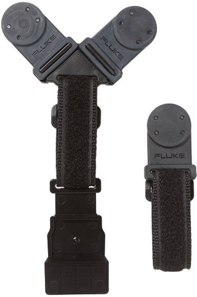 Deux bandes auto-agrippantes noires avec des supports en plastique portant l'inscription 'Fluke' en haut. L'une en forme de Y, l'autre droite.
