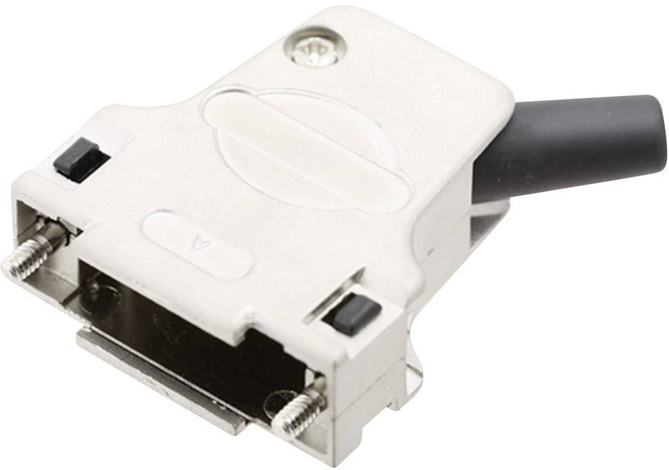 Un connecteur D-SUB gris avec un câble noir, vue de face. Des vis et un protège-câble sont visibles. Utilisé pour les connexions électriques.