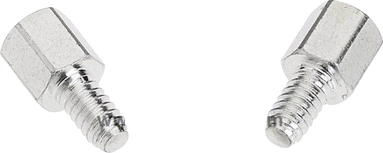 Deux boulons métalliques hexagonaux argentés pointant vers l'extérieur sur un fond blanc.