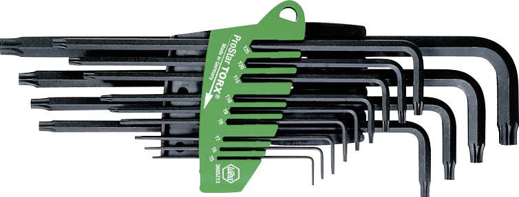 Un ensemble de 9 clés Allen Torx noires, maintenues par un support en plastique vert. Triées par taille, du plus petit au plus grand.