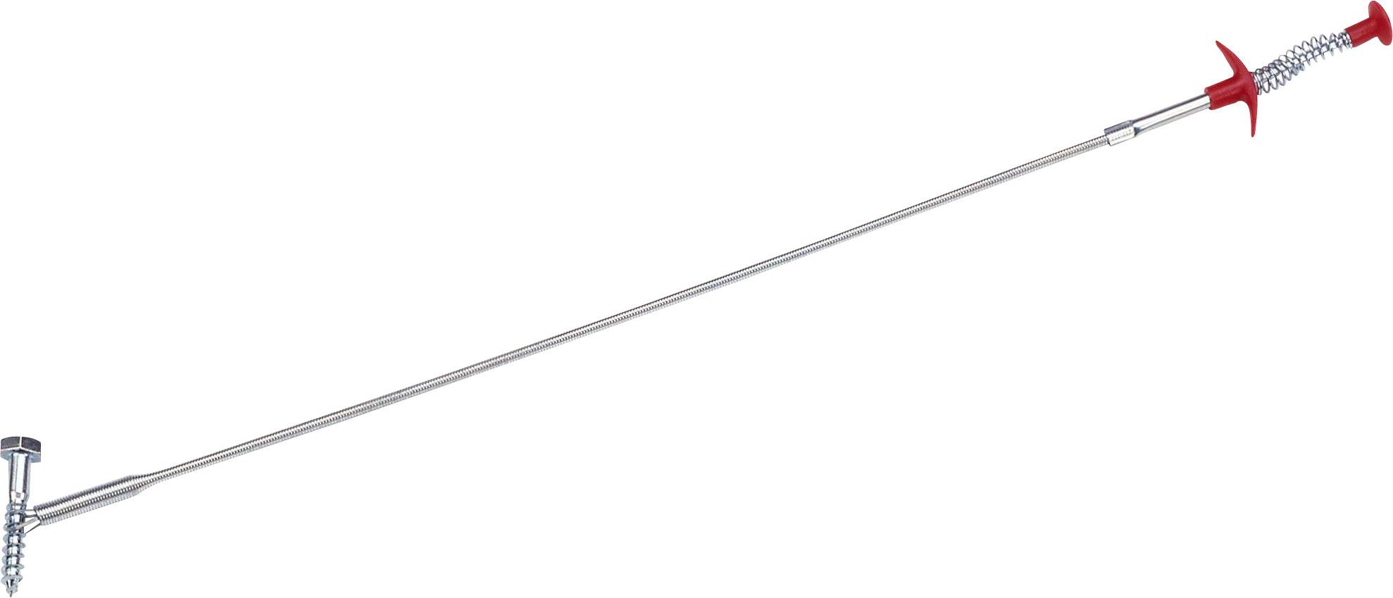 Outil de préhension métallique avec poignée rouge et longue tige étroite. Adapté pour atteindre et saisir de petits objets.