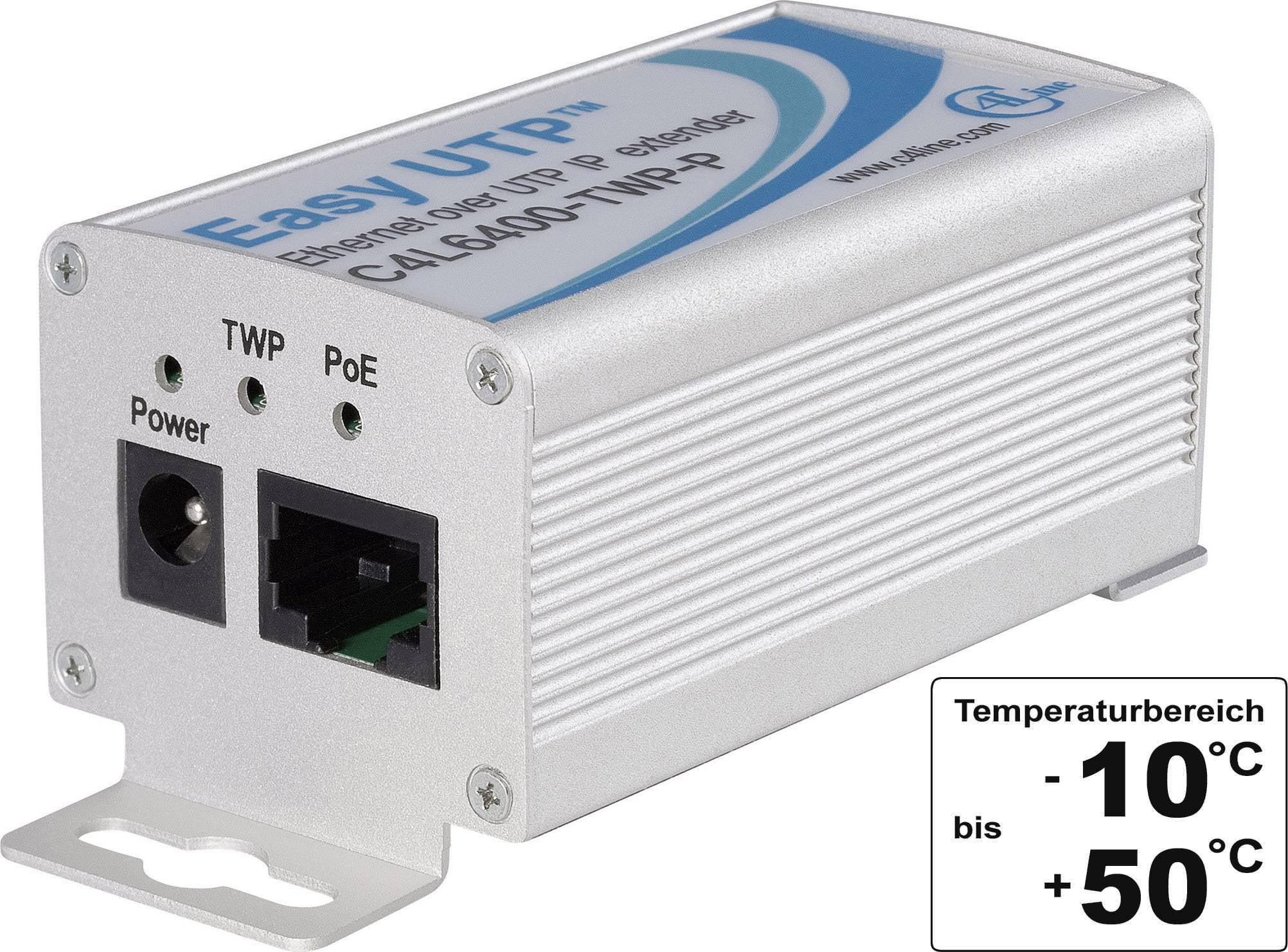 Un boîtier pour équipements réseau avec ports et voyants LED. Texte sur l'appareil : 'Easy UTP'. Plage de température : -10°C à +50°C.
