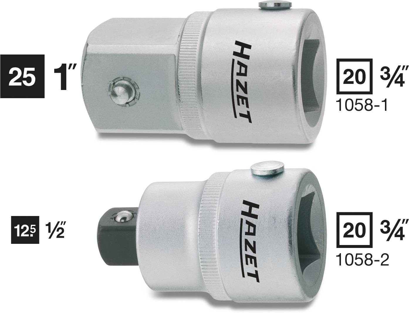 Deux adaptateurs argentés de Hazet pour clés à douille. Celui du haut a des dimensions de 25 mm sur 1 pouce, celui du bas de 12,5 mm sur 1/2 pouce.