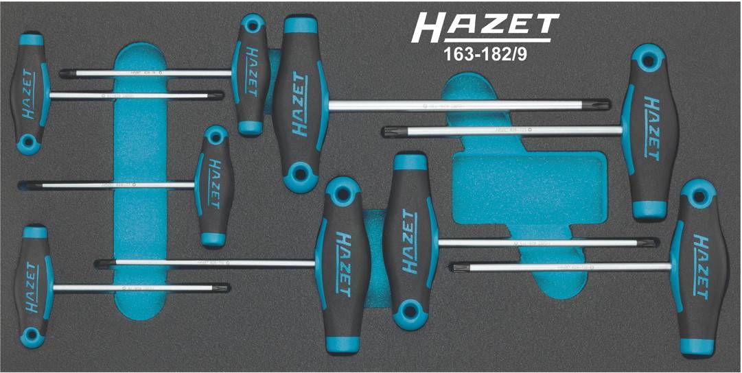 'Garniture en mousse avec neuf tournevis à poignée en T Hazet, disposés dans des empreintes prédécoupées, pour un rangement d'outils pratique et organisé.'