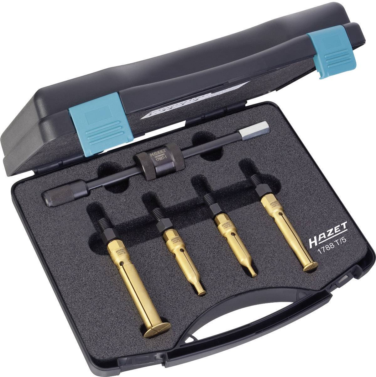 Coffret à outils Hazet avec quatre embouts spéciaux dorés et un embout de poignée noir, contenu dans un support en mousse.