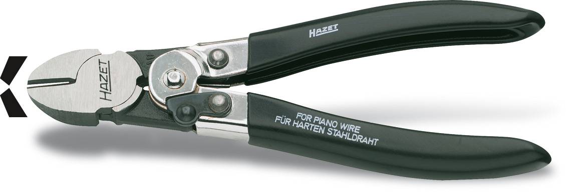Pince coupante Hazet pour fil de piano et fil d'acier dur. L'outil est doté de poignées noires et de lames de coupe brillantes.