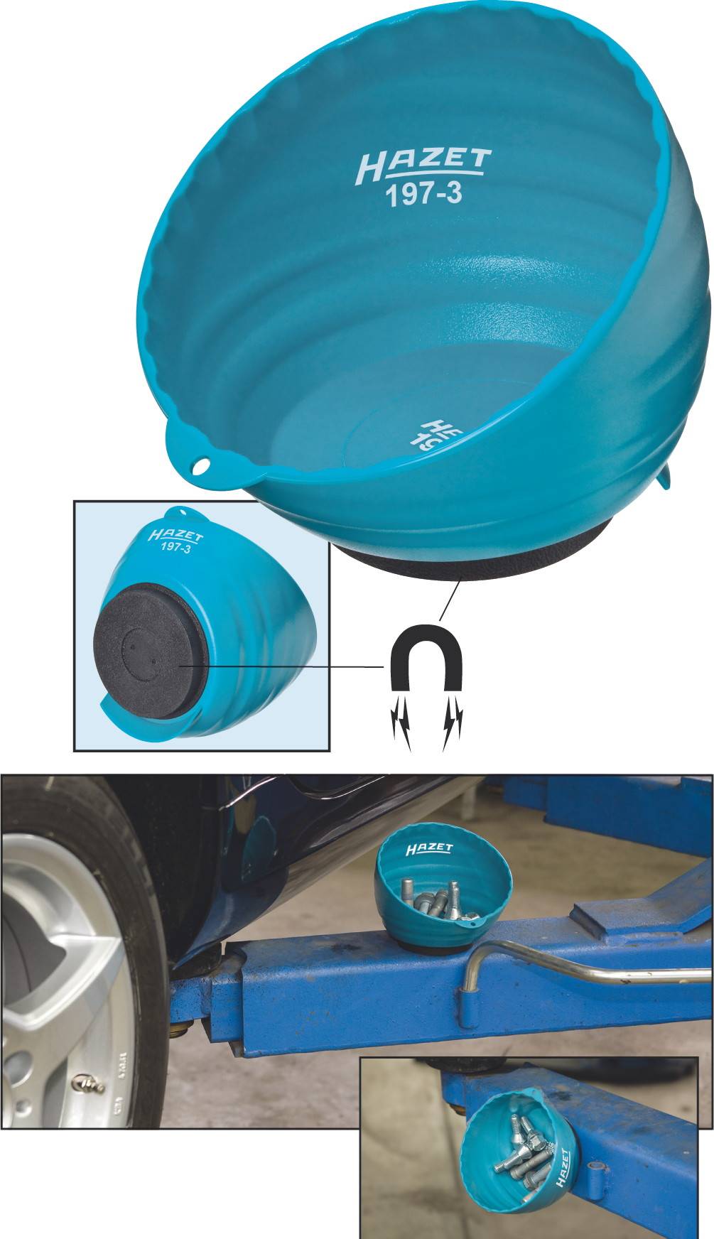 Un support de vis magnétique bleu de 'Hazet 197-3' avec des vis à l'intérieur, illustrant son utilisation dans un atelier sur un élévateur de véhicule.