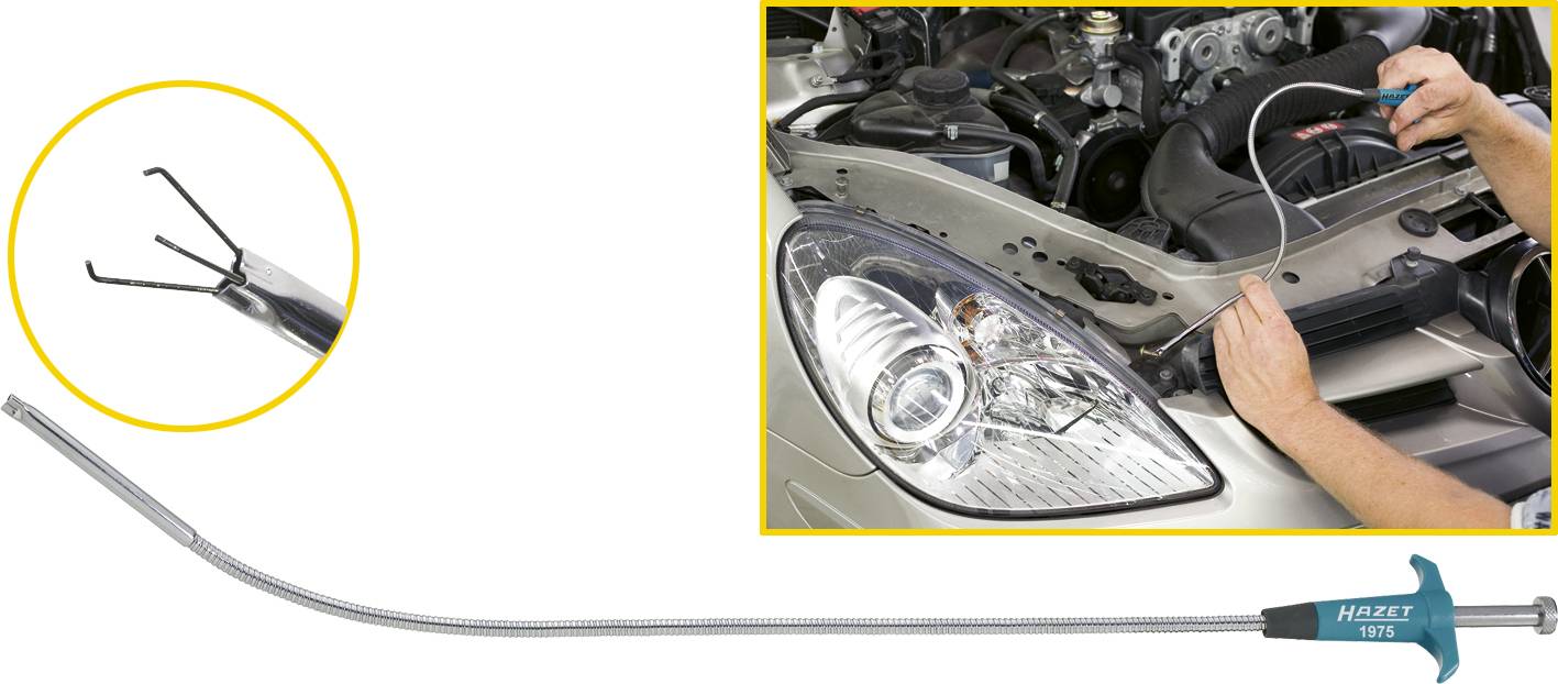 Une aide flexible à la préhension est présentée pour saisir et retirer une petite pièce dans le compartiment moteur d'une voiture.